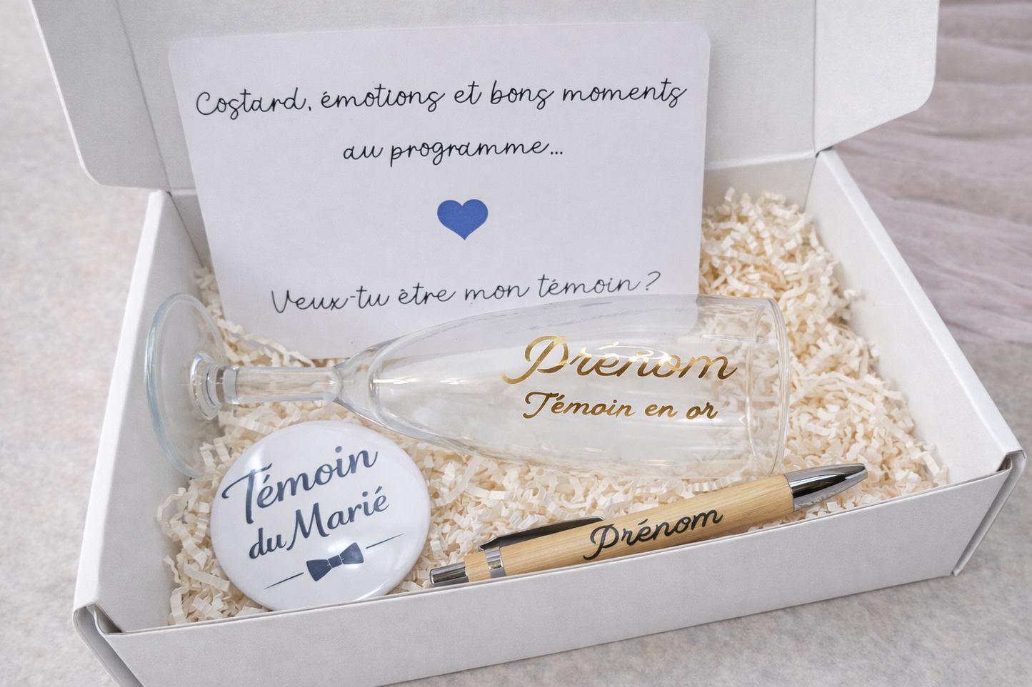 Box Demande de Témoin personnalisée – Flûte, Badge & Stylo gravé