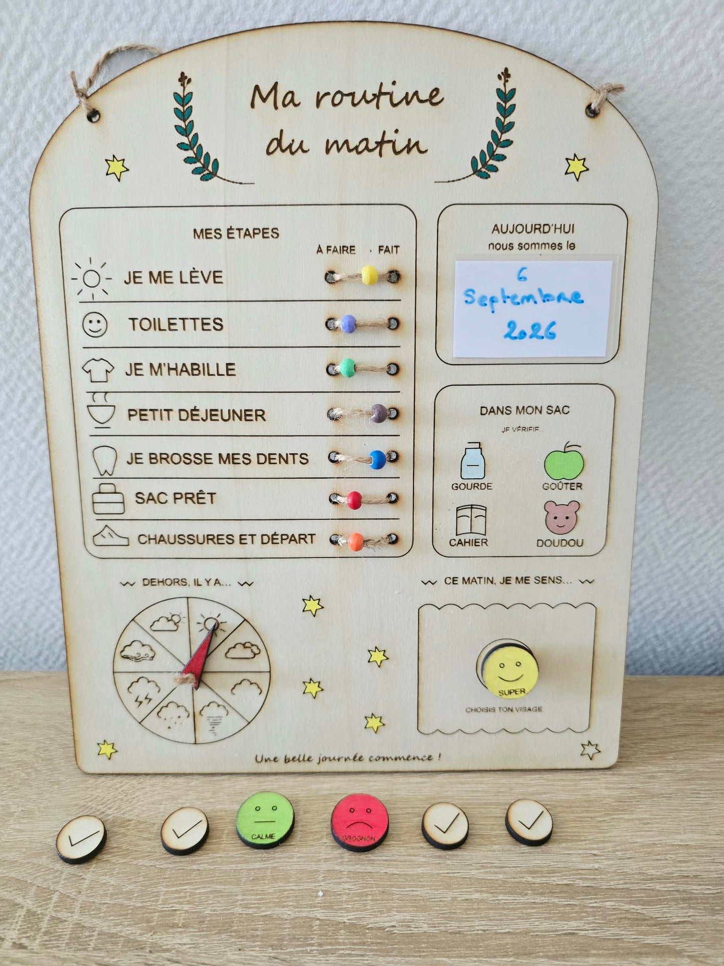 Tableau routine du matin en bois pour enfant, 20 x 25 cm, création Ama'Créa