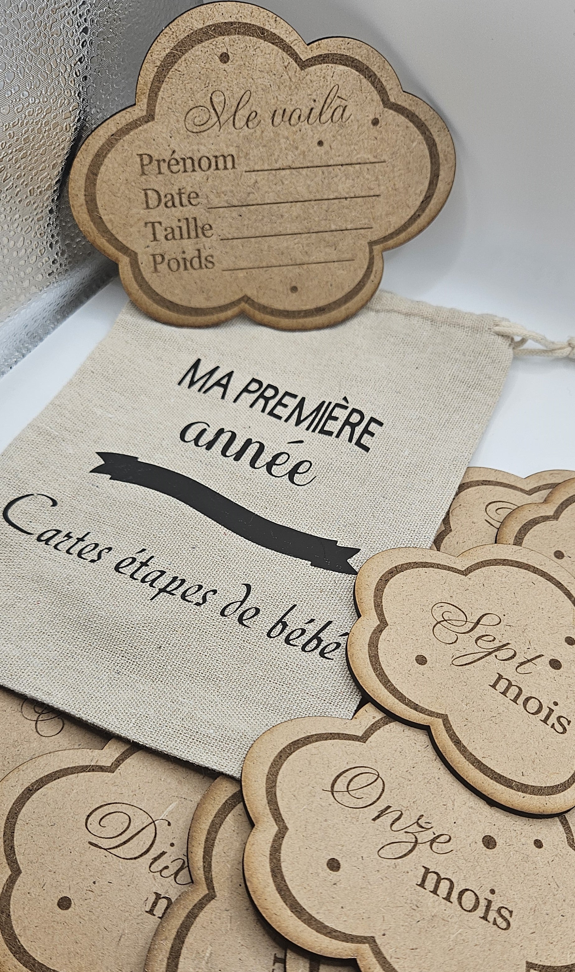 Cartes étapes bébé – Ma première année, bois ou plexiglass personnalisées