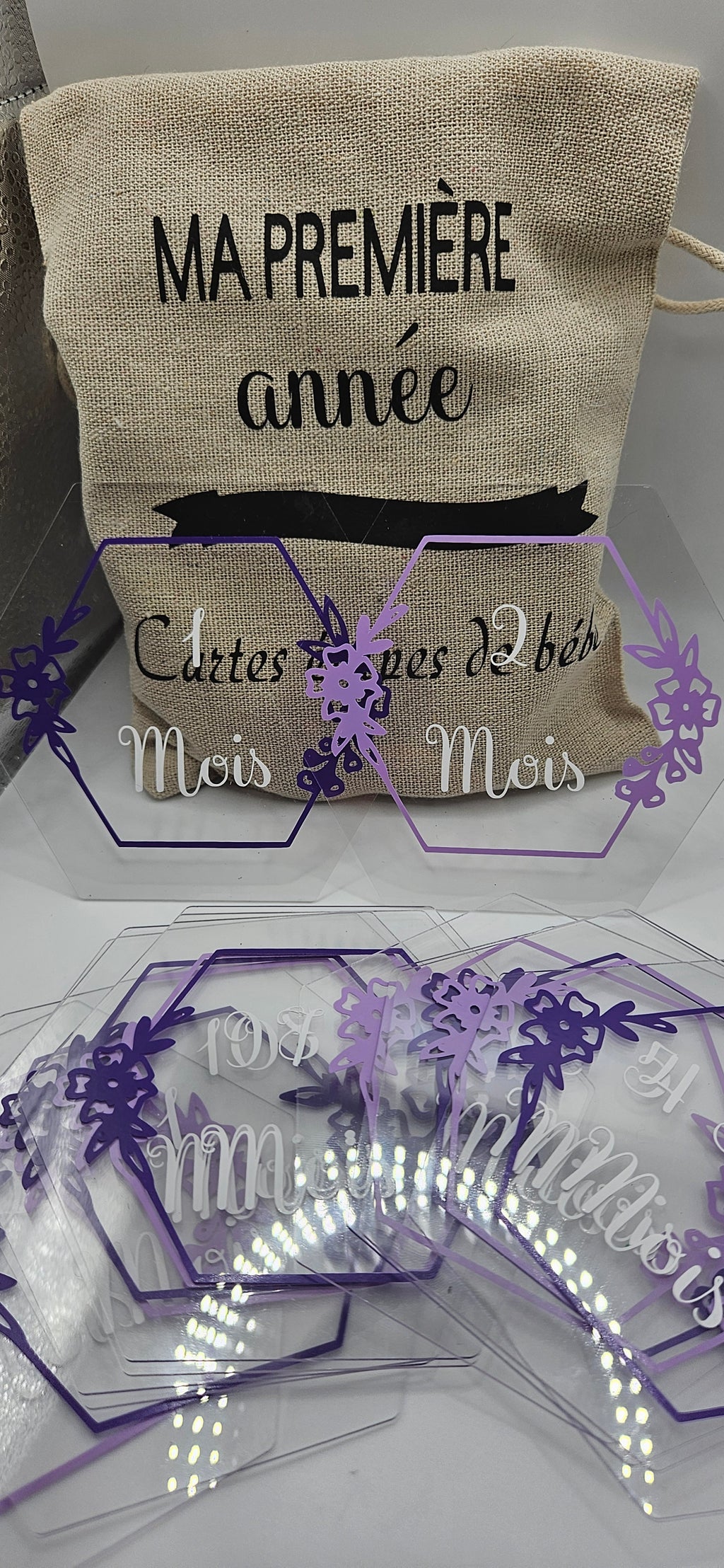 Cartes étapes bébé – Ma première année, bois ou plexiglass personnalisées