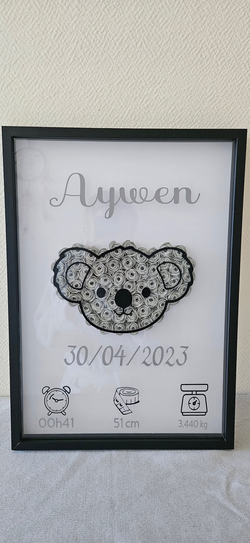 Cadre naissance personnalisé "Roses 3D" – Décoration bébé avec prénom, date et détails de naissance