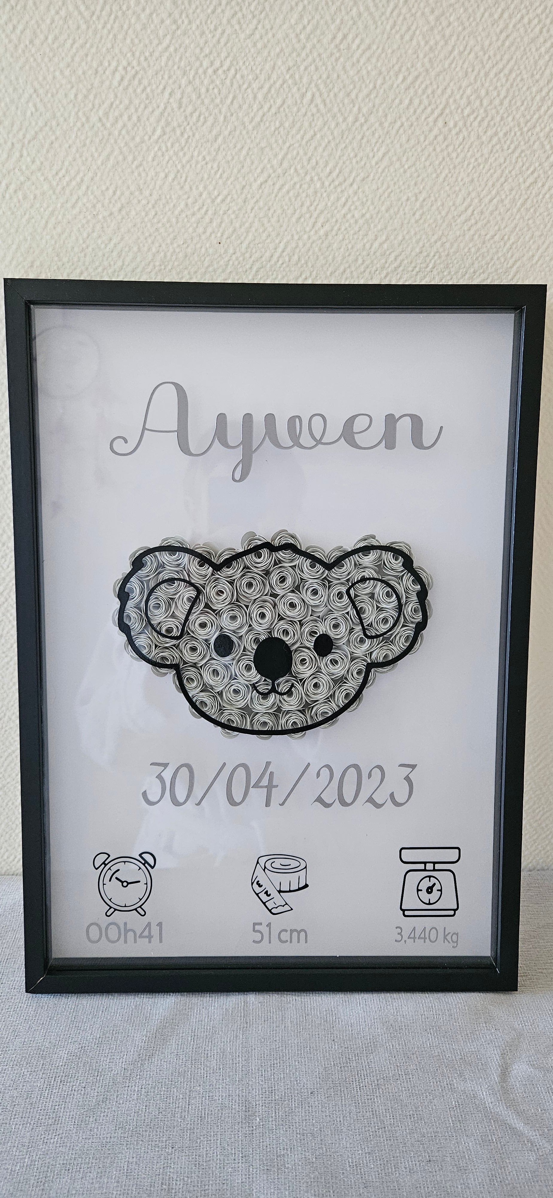 Cadre naissance personnalisé "Roses 3D" – Décoration bébé avec prénom, date et détails de naissance