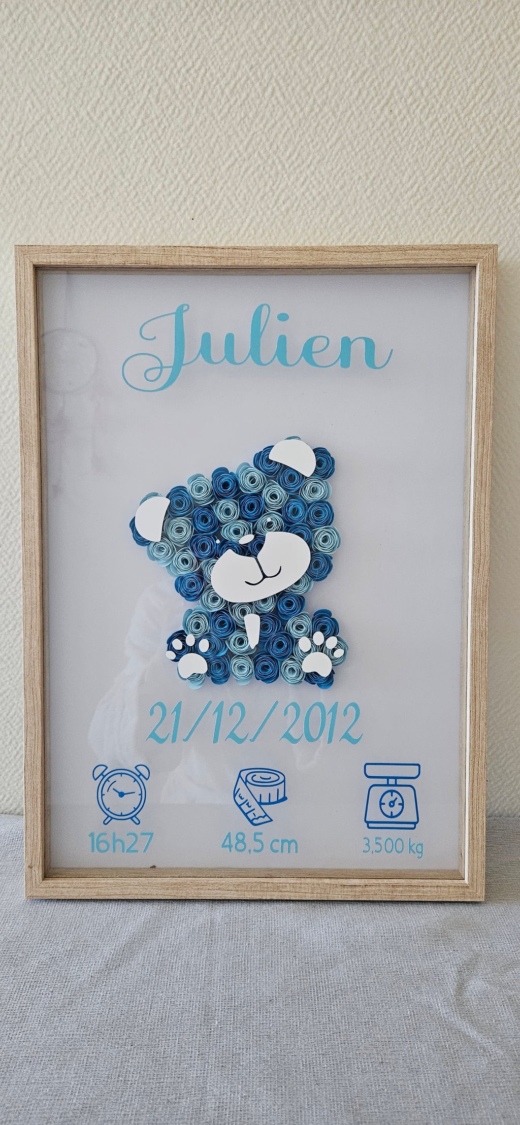 Cadre naissance personnalisé "Roses 3D" – Décoration bébé avec prénom, date et détails de naissance