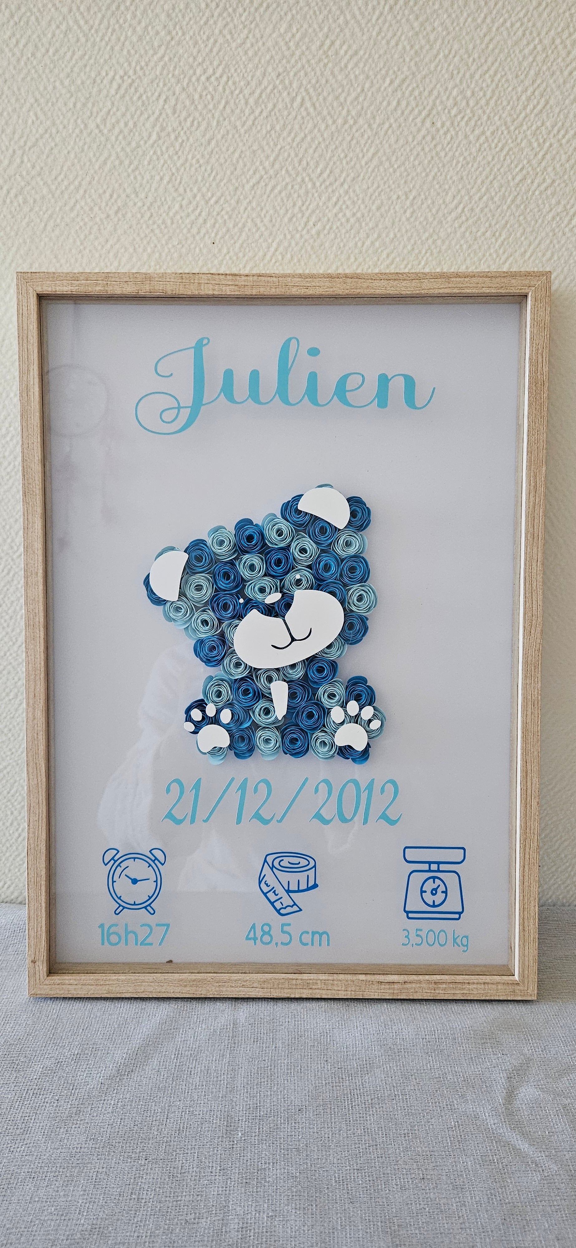 Cadre naissance personnalisé "Roses 3D" – Décoration bébé avec prénom, date et détails de naissance