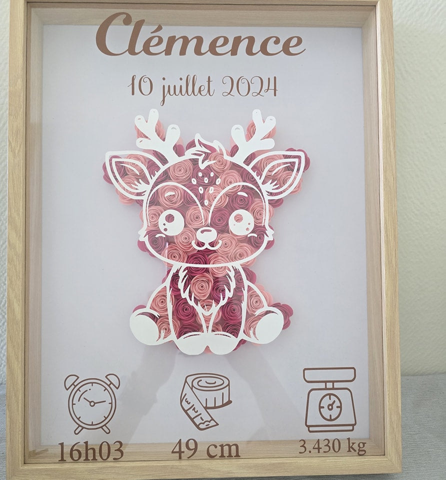 Cadre naissance personnalisé "Roses 3D" – Décoration bébé avec prénom, date et détails de naissance