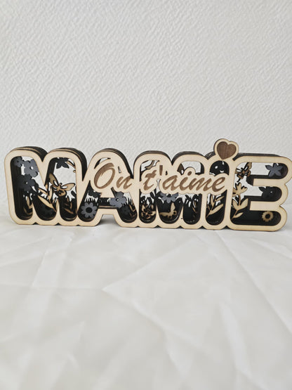 Cadeau personnalisé en bois – Je/On t’aime – Pour Mamie, Maman, Papa ou Papi