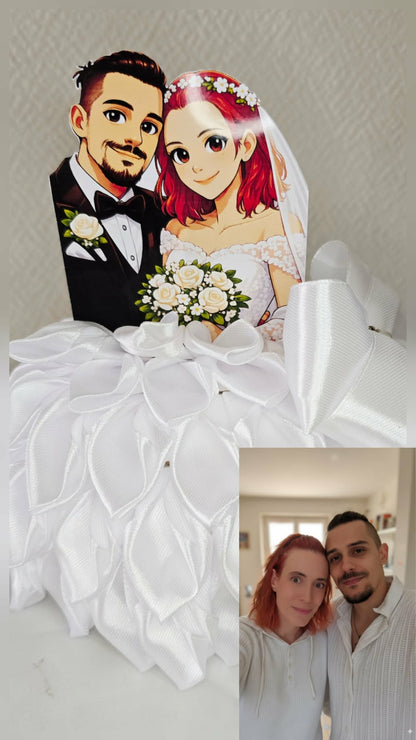 Figurine mariage personnalisée style cartoon – Décoration mariage unique avec fleurs satin faites main