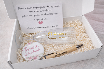 Box Demande de Témoin personnalisée – Flûte, Badge & Stylo gravé