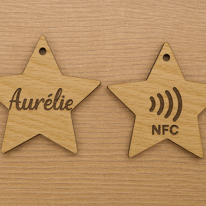 Porte-clé en bois personnalisé NFC – Gravure prénom et design unique