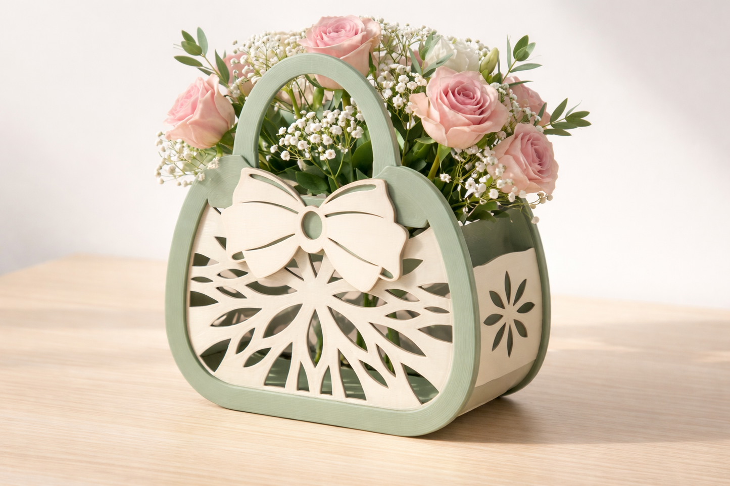 Sac décoratif en impression 3D avec bouquet de roses en satin fait main – Cadeau original personnalisé