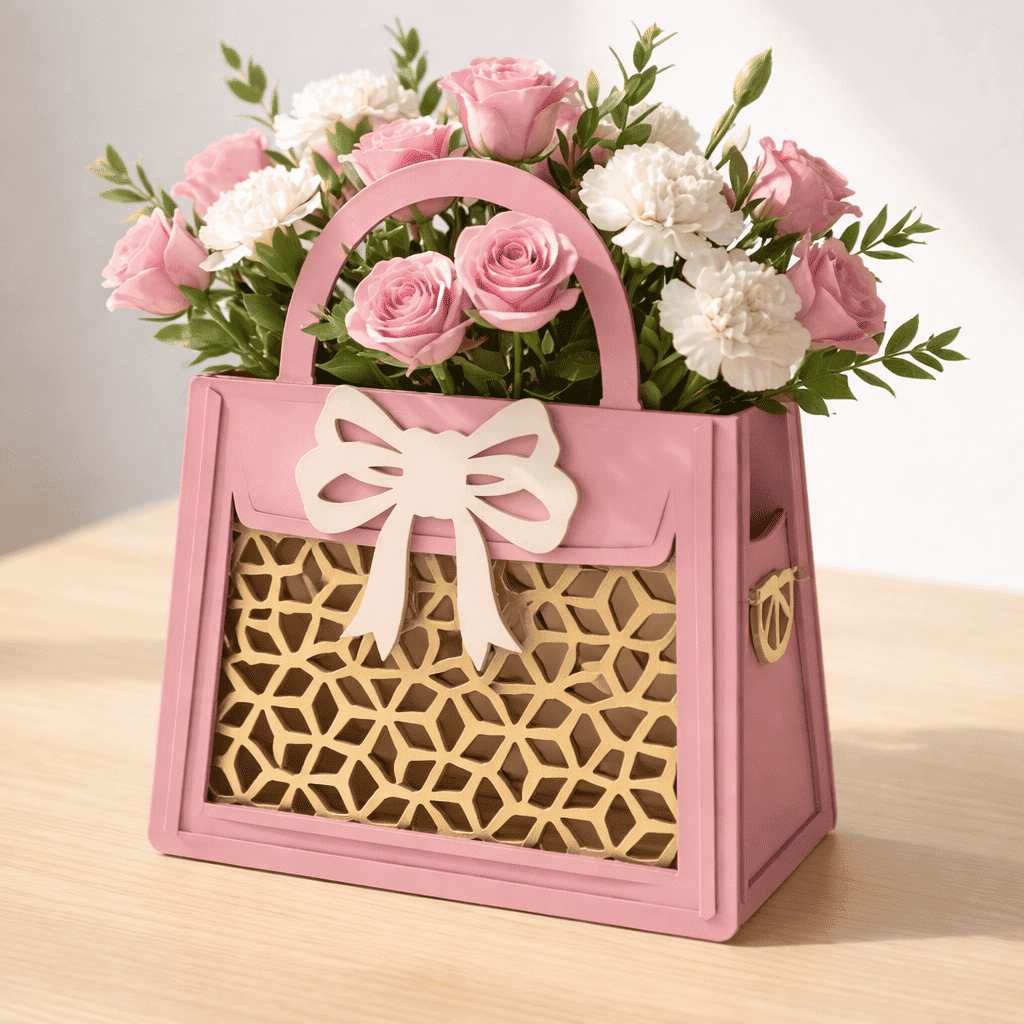 Sac décoratif en impression 3D avec bouquet de roses en satin fait main – Cadeau original personnalisé