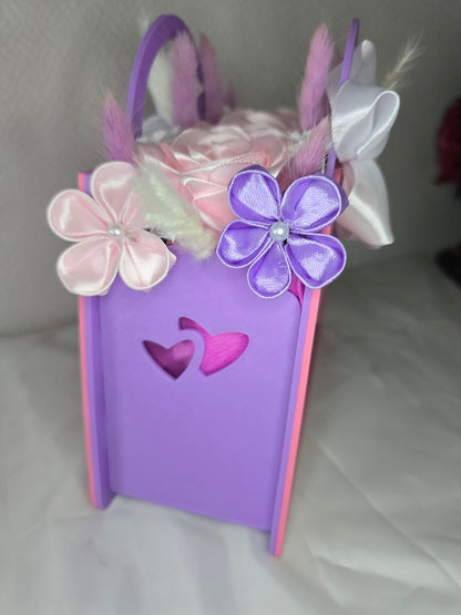 Sac décoratif en impression 3D avec bouquet de roses en satin fait main