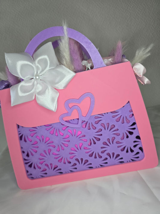 Sac décoratif en impression 3D avec bouquet de roses en satin fait main
