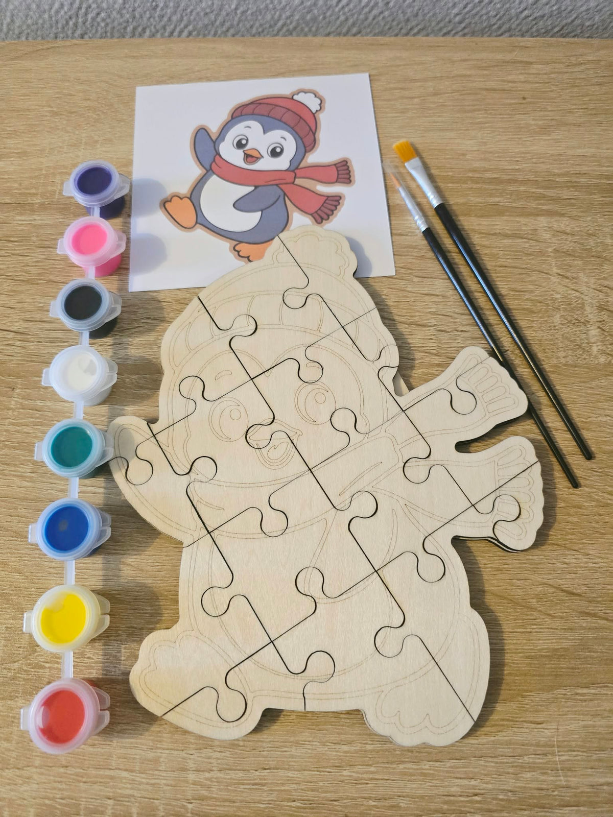 Kit puzzle en bois à colorier pingouin avec peinture et pinceaux
