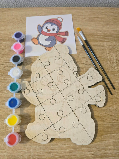 Kit puzzle en bois à colorier pingouin avec peinture et pinceaux