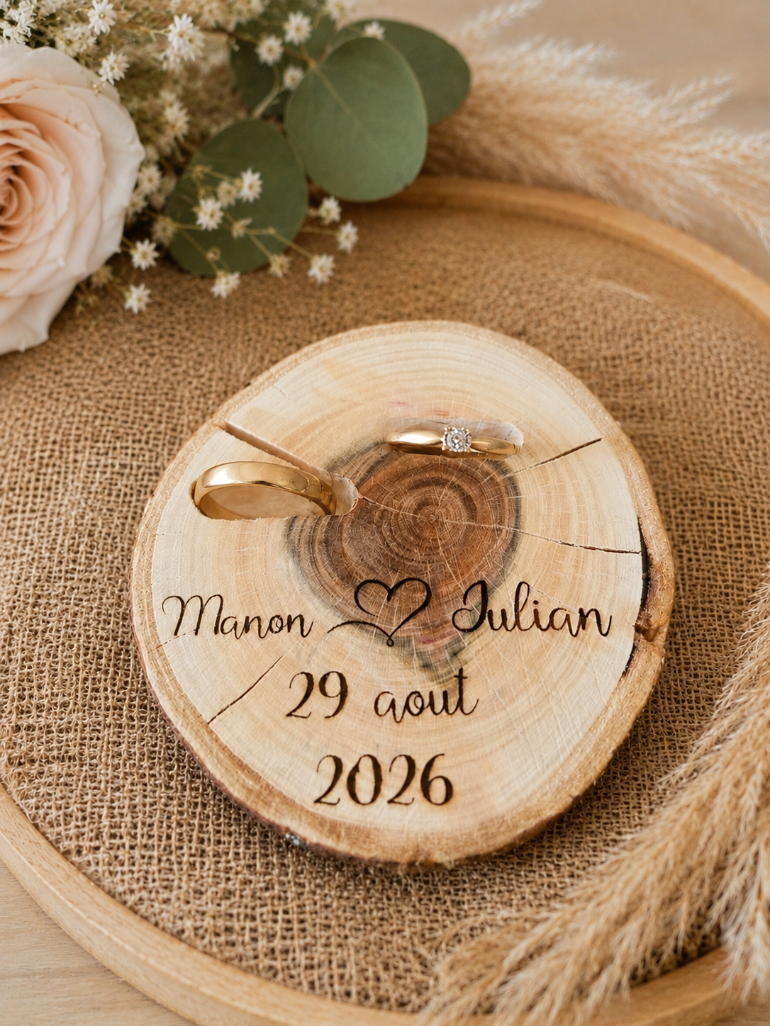 Porte-alliances en rondin de bois personnalisé avec deux alliances