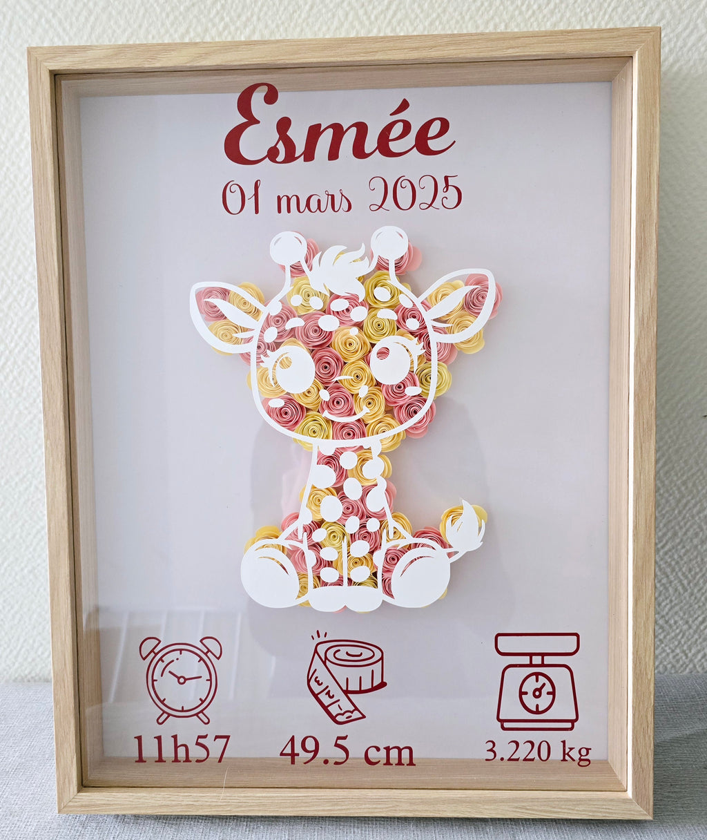 Cadre naissance personnalisé "Roses 3D" – Décoration bébé avec prénom, date et détails de naissance