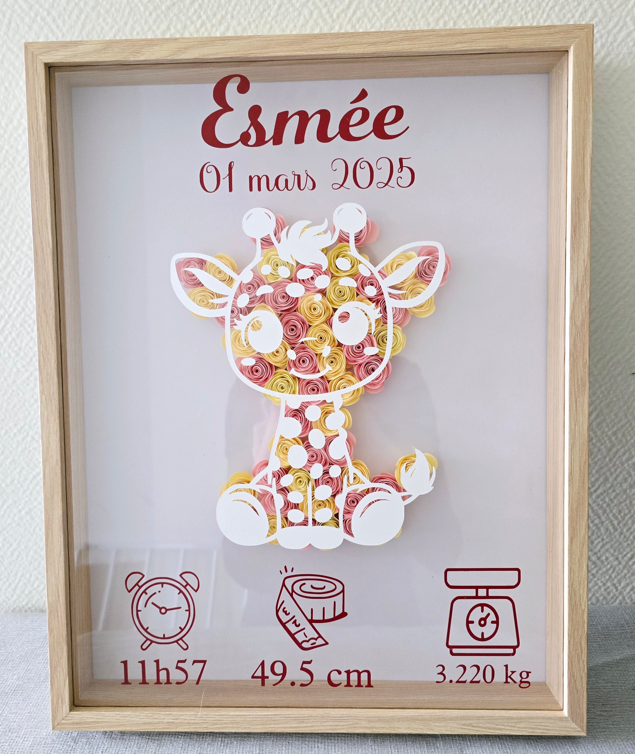 Cadre naissance personnalisé "Roses 3D" – Décoration bébé avec prénom, date et détails de naissance