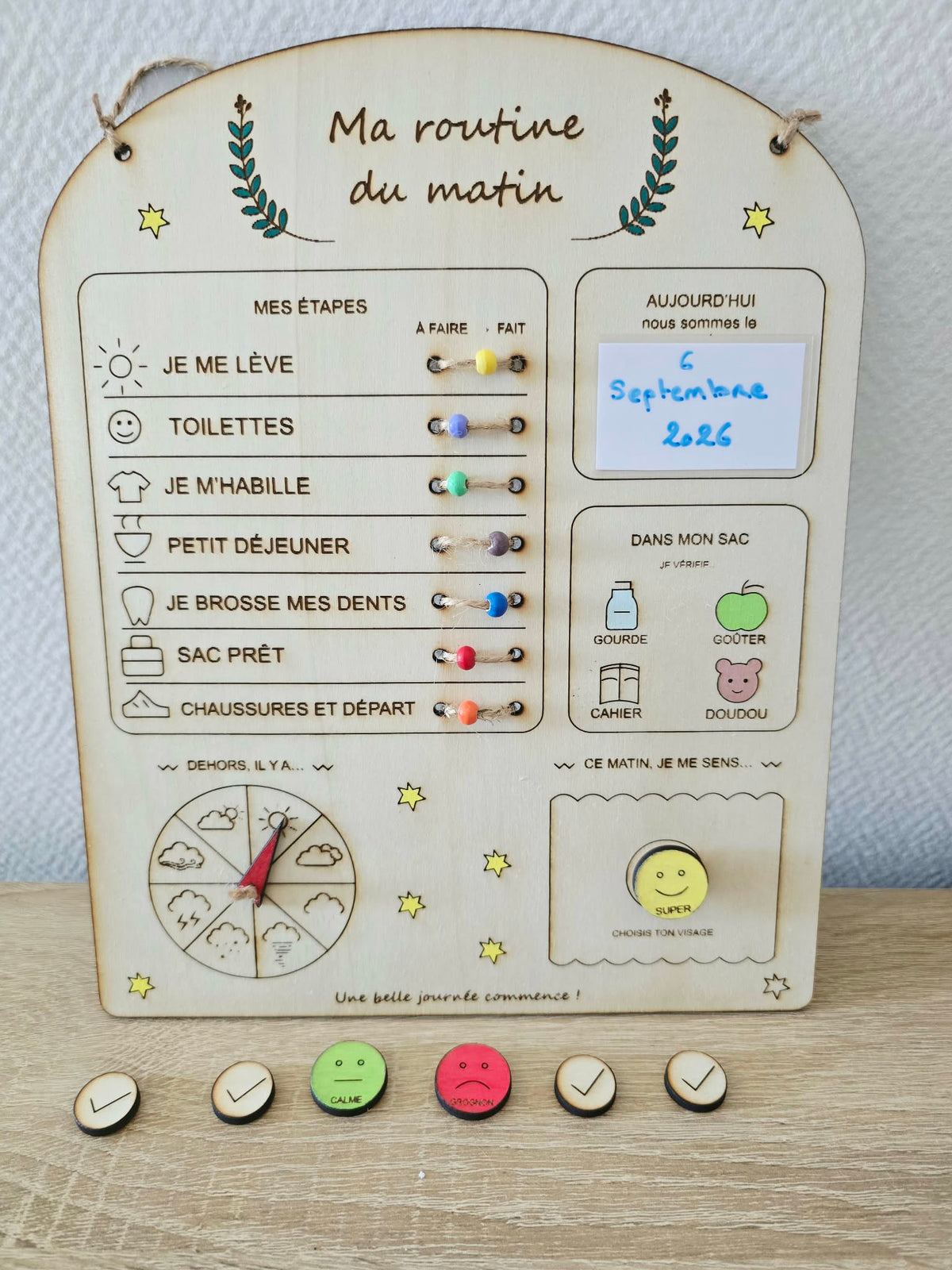 Tableau routine du matin en bois pour enfant, 20 x 25 cm, création Ama'Créa