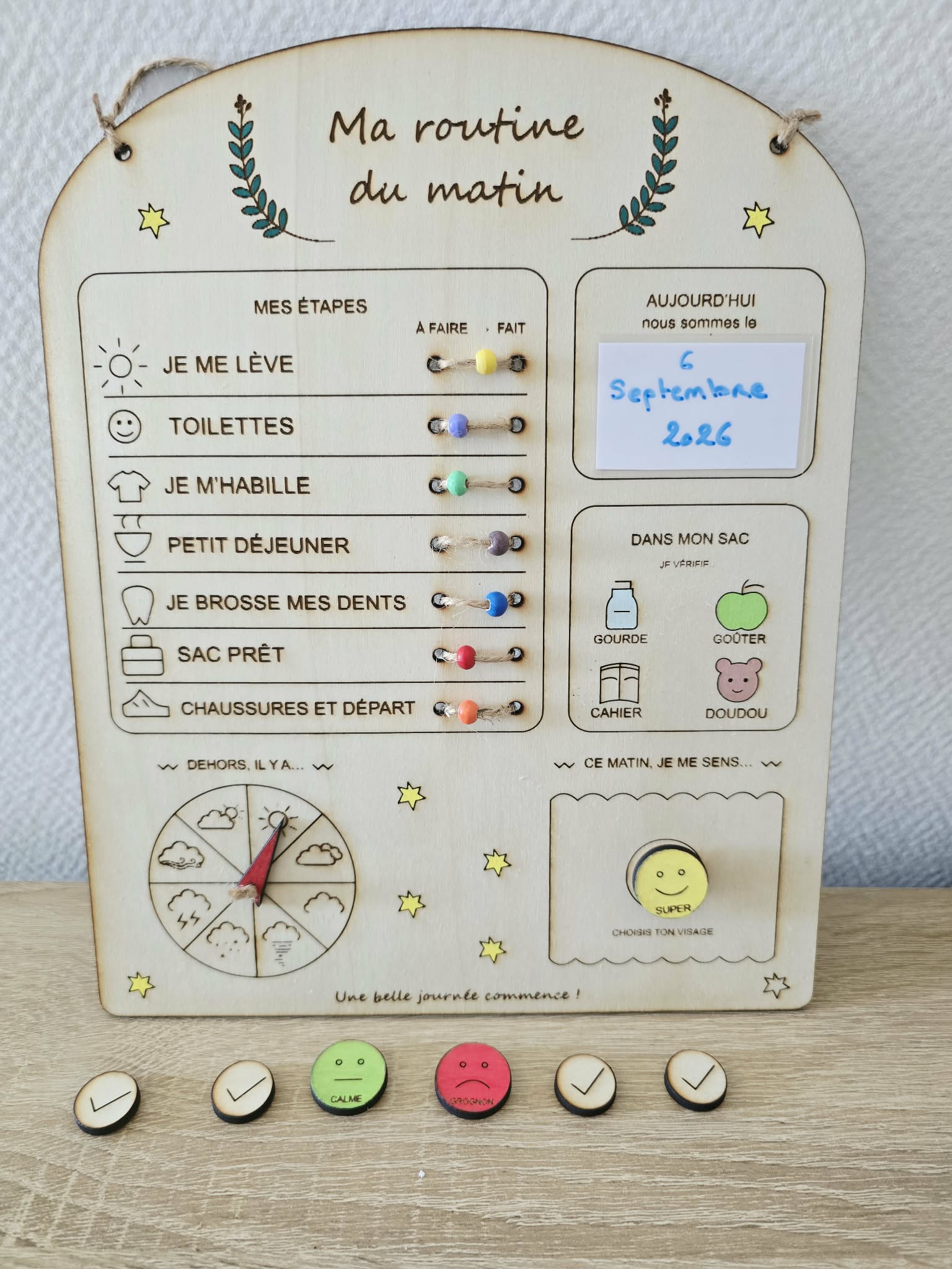 Tableau routine du matin en bois pour enfant, 20 x 25 cm, création Ama'Créa