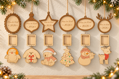 Suspension Mon 1er Noël 2026 en bois avec cadre photo