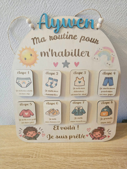 Tableau de routine pour s’habiller avec prénom et huit cartes illustrées
